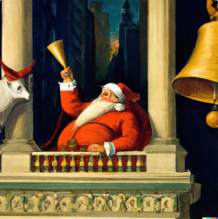 Uma pintura renascentista do Papai Noel tocando o sino 