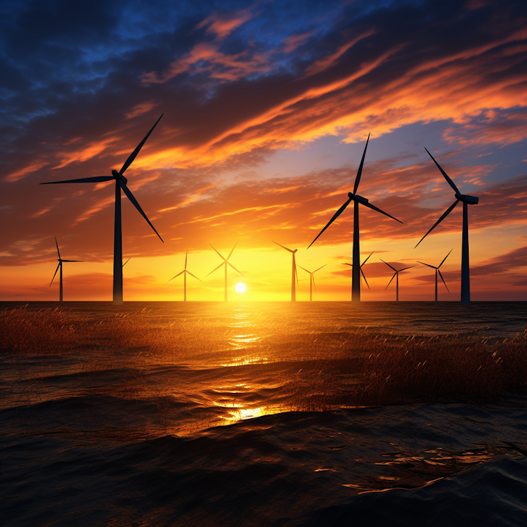 Turbinas eólicas sob o pôr do sol