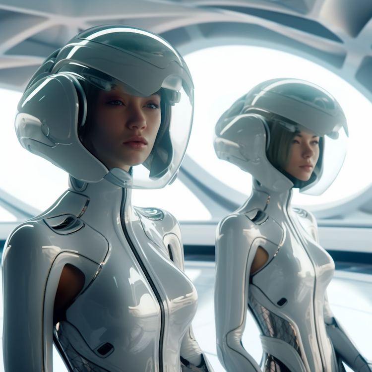 Modelos de moda futuristas em uma nave espacial