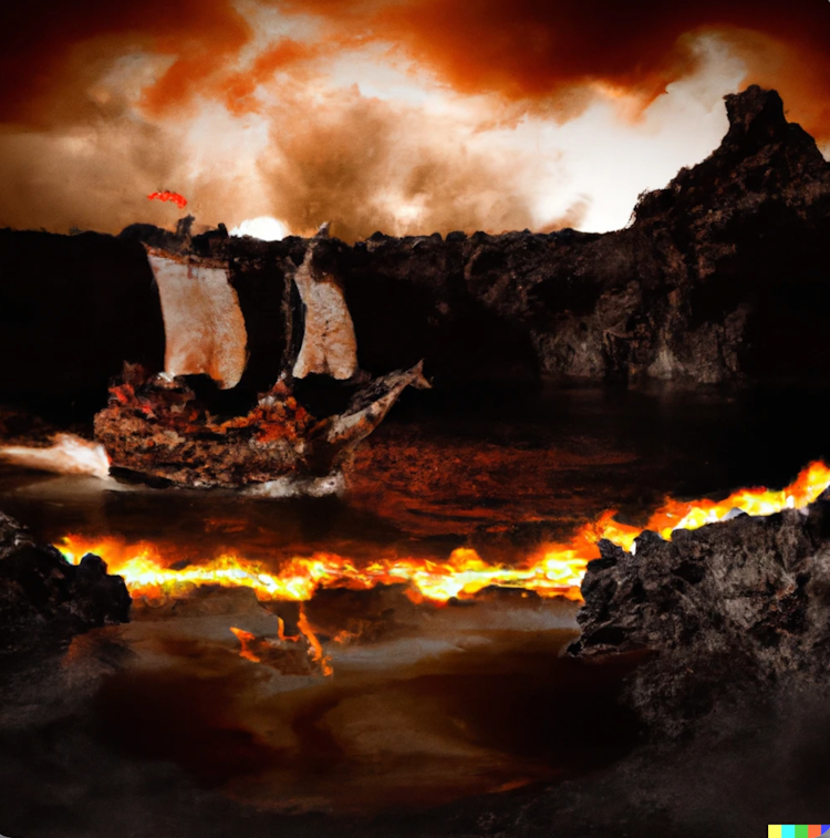 Barco pirata sobre lava