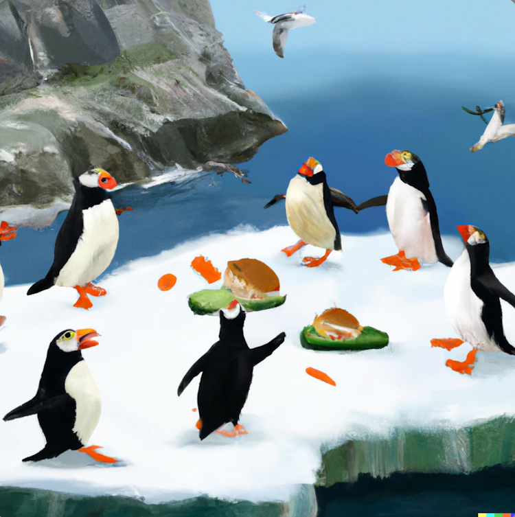 Pinguins comendo sanduíches de queijo