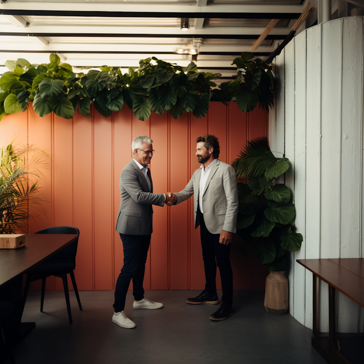 Dos hombres se dan la mano en un moderno espacio de co-working