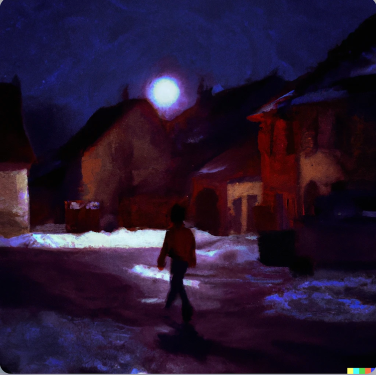 Un niño solitario caminando en la noche de invierno