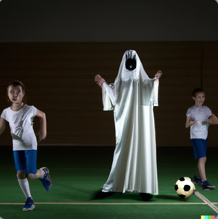 Fantasma jugando al fútbol con niños