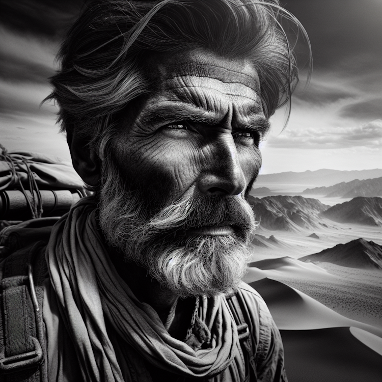 Dramatic, high-contrast portrait of a rugged, weathered explorer in an arid, desert landscape