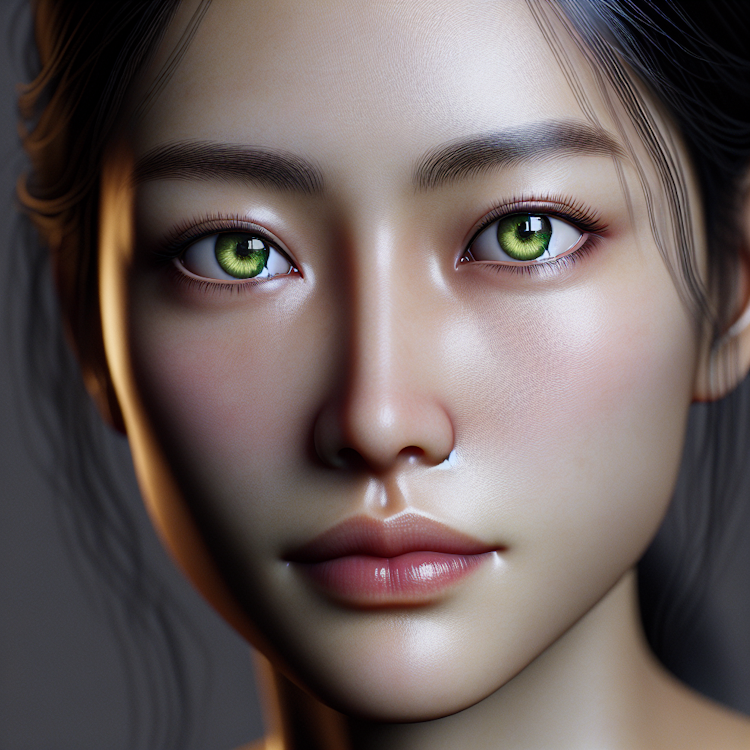 Photorealistic digital portrait of a pensive, thoughtful woman with striking green eyes