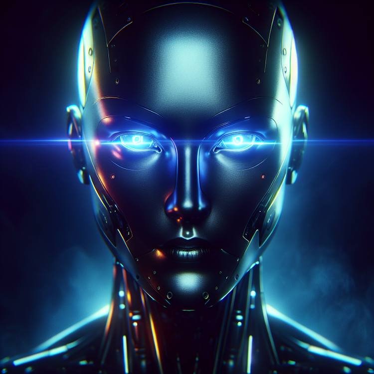 Cinematic, dramatic portrait of a cyberpunk-inspired android with glowing, neon-blue eyes