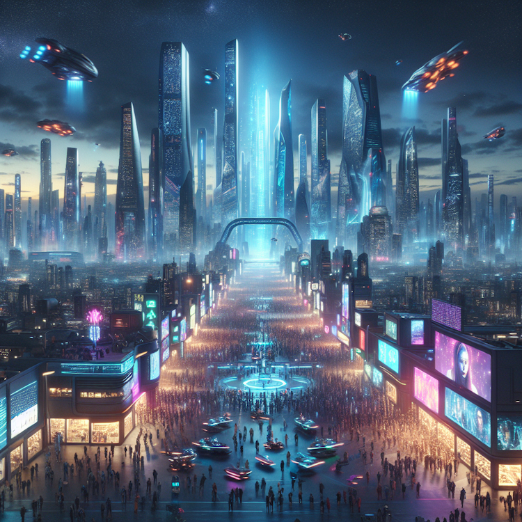 A cinematic, wide-angle photograph of a bustling, futuristic metropolis at night