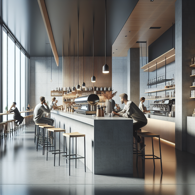 A vibrant, modern coffee bar with minimalist decor