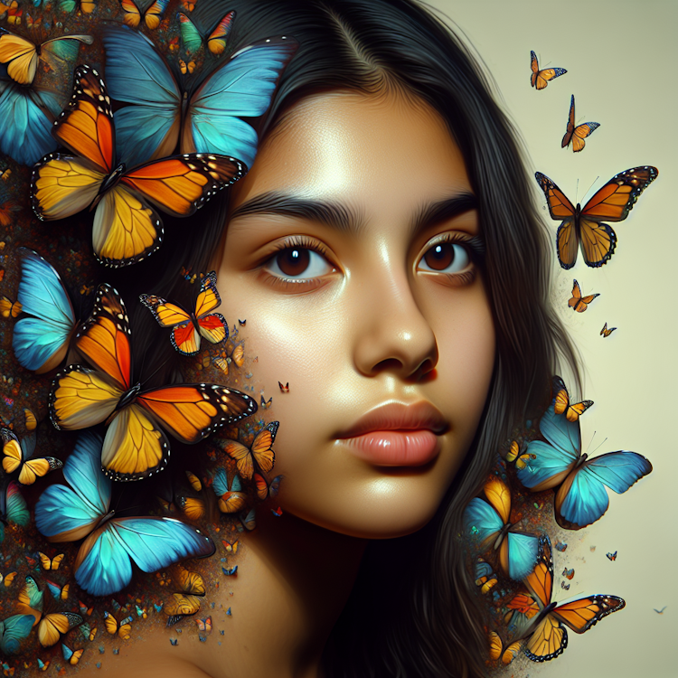 Whimsical, surreal portrait of a young woman with butterflies emerging from her face