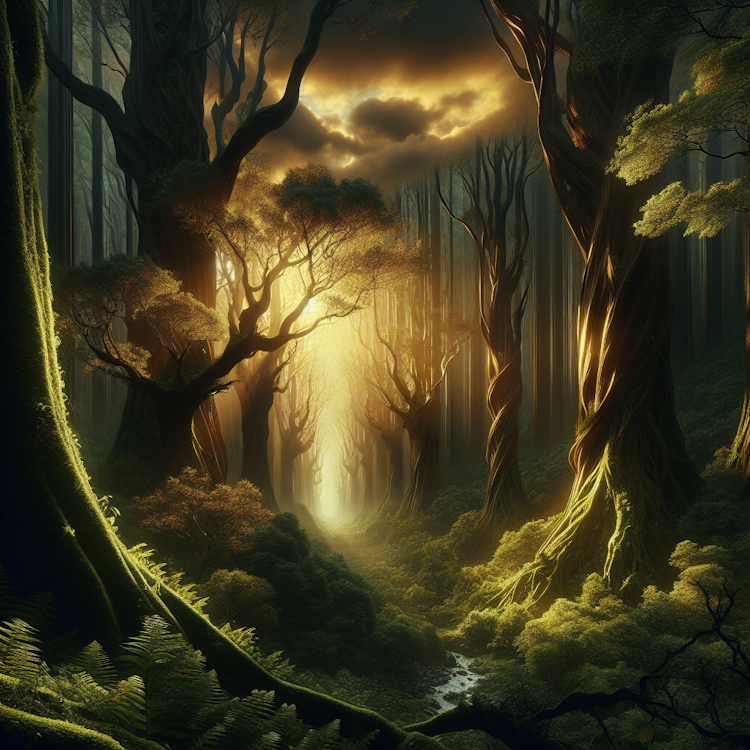 Moody, atmospheric forest scene with rays of light filtering through the canopy