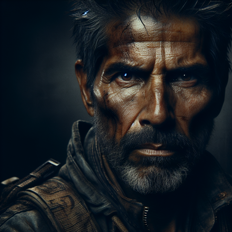 A cinematic, dramatic portrait of a weathered, post-apocalyptic survivor