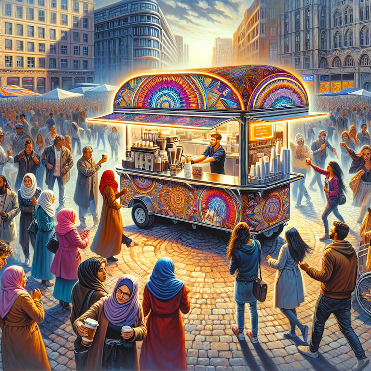 A bustling outdoor coffee cart in a lively city square