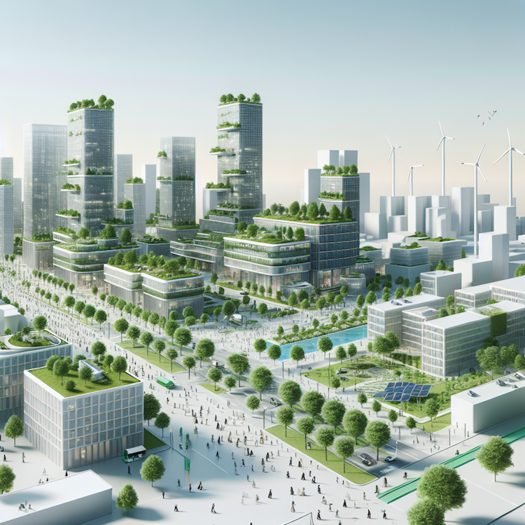 A minimalist, conceptual landscape illustration of a futuristic, eco-friendly city