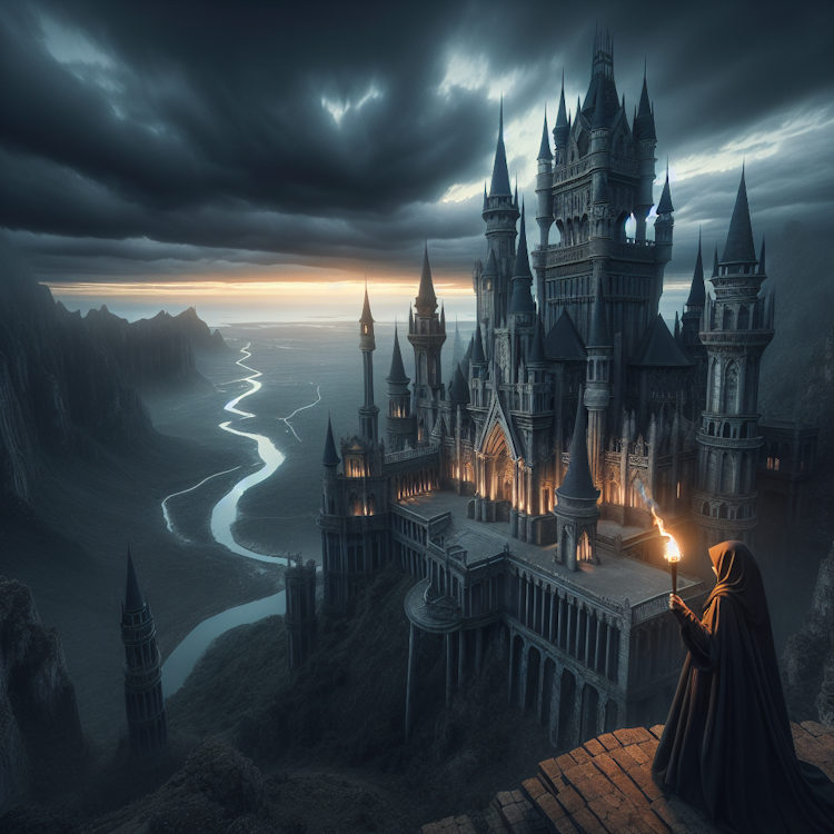 Uma cena cinematográfica e panorâmica de um imponente castelo neo-gótico