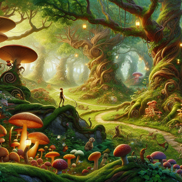 Uma ilustração alegre e inspirada em livros de contos de fadas de uma floresta de contos de fadas