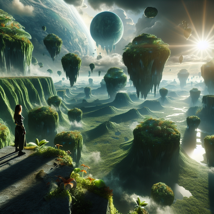 A cinematic, wide-angle aerial shot of a lush, alien planet