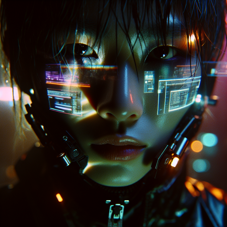 Um retrato cinematográfico e de alto contraste de um hacker inspirado no cyberpunk
