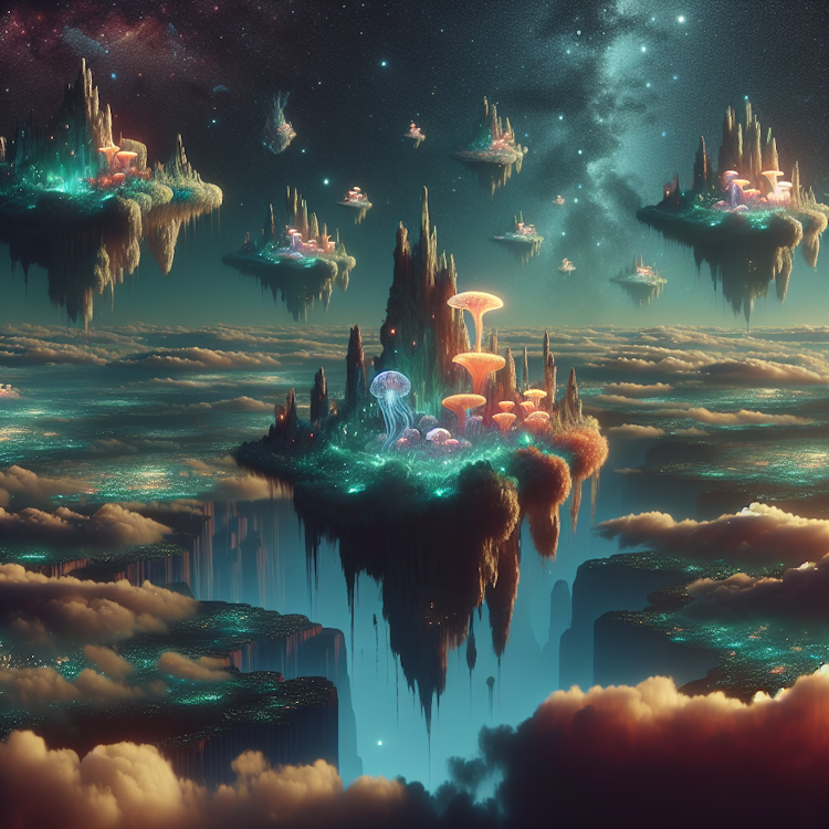 A surreal, fantasy landscape painting of a floating, island archipelago in a starry night sky
