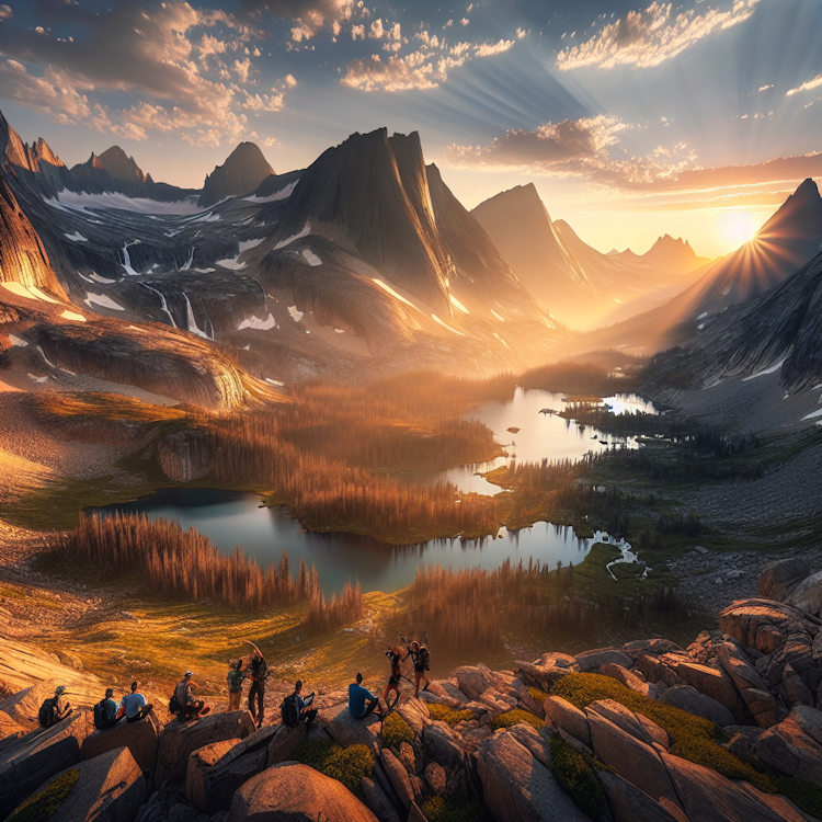 Uma fotografia cinematográfica de ângulo amplo de uma paisagem de montanha deslumbrante ao amanhecer