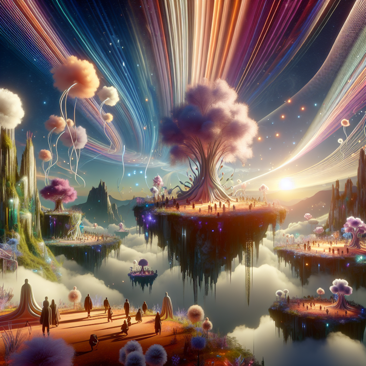 Whimsical, dream-like landscape with floating islands and surreal flora