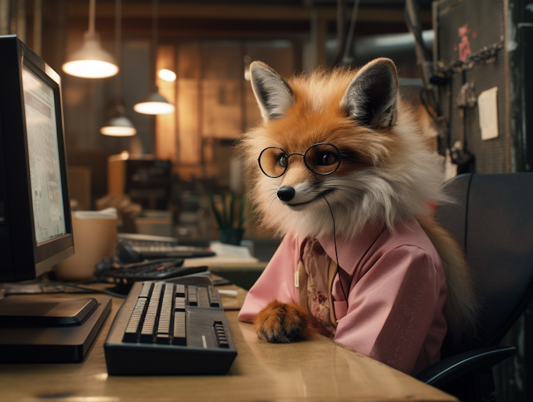 A female fox working at the office desk
