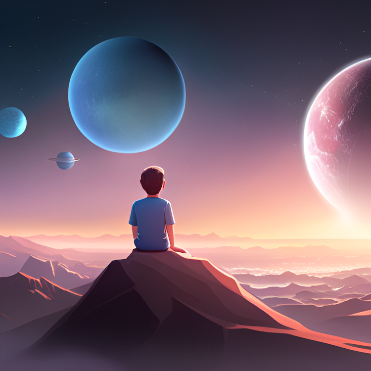 Boy looking at a futuristic space landscape