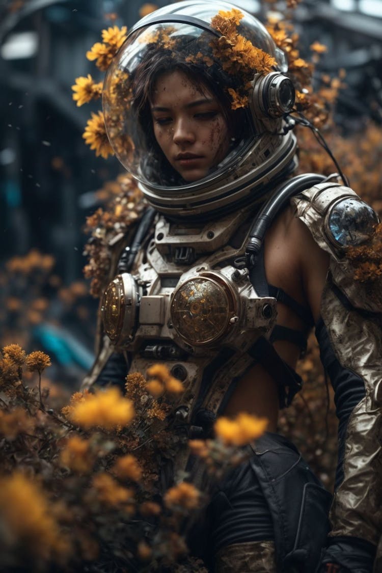 Gorgeous astronaut in dry flowers