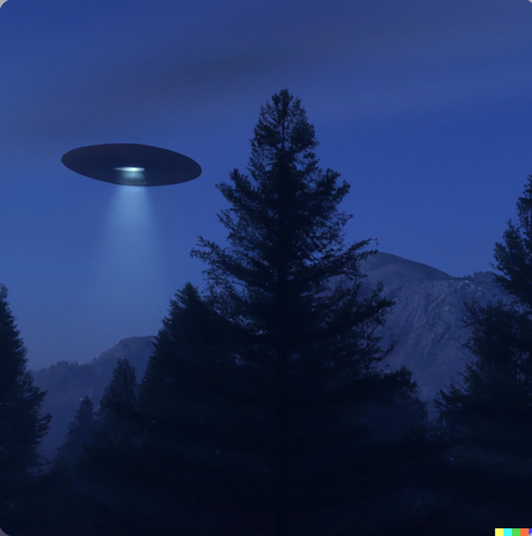 A suspicious UFO over evergreen trees 