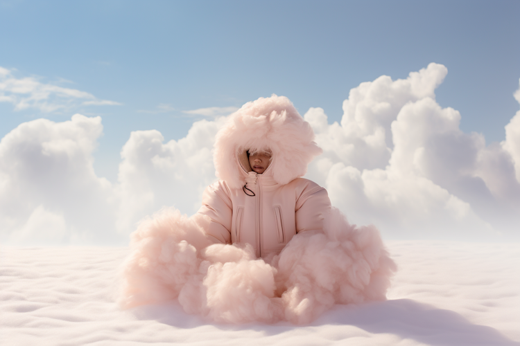 Astronaut in fluffy suits over the clouds