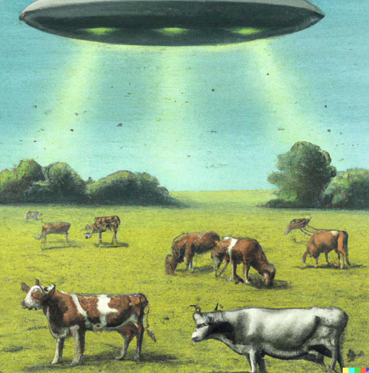 UFO hovering over a field of cows