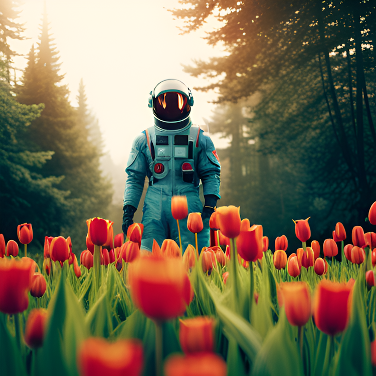 A male astronaut in a garden