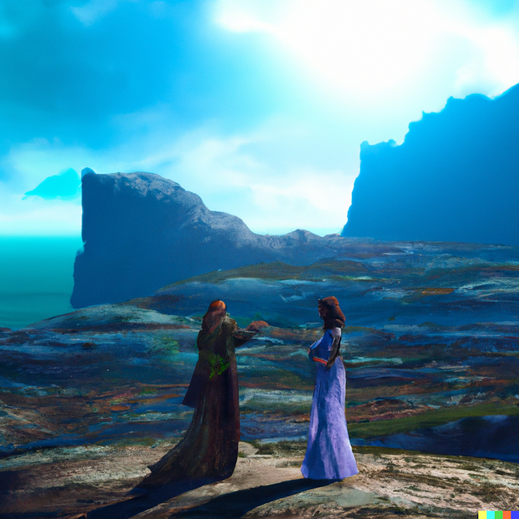 Two women praying in the mountains