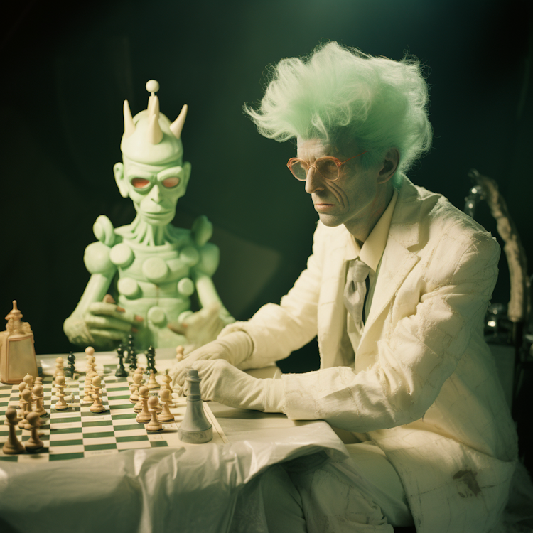 A gentleman playing chess against a robotic alien
