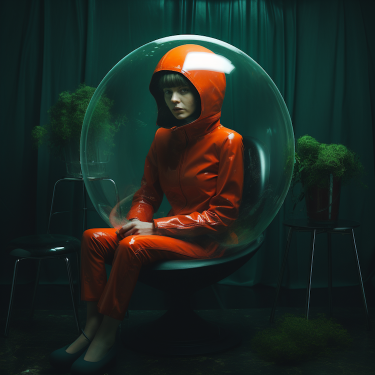 A model in orange outfit sitting in a bubble
