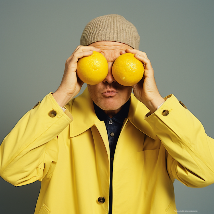 A symmetric photography of a man holding fruits