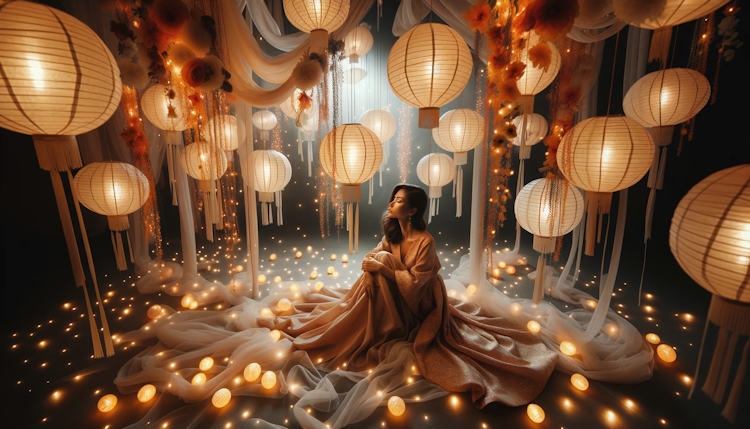 Woman surrounded by paper lanterns