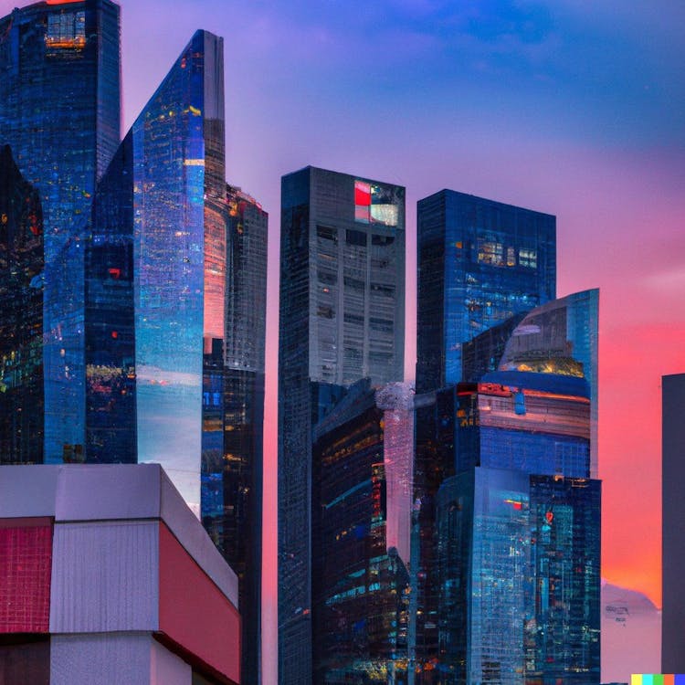 Vibrant cityscape with glass buildings during sunset