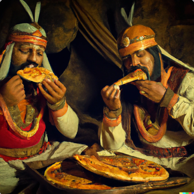  Medieval warriors eating pizza