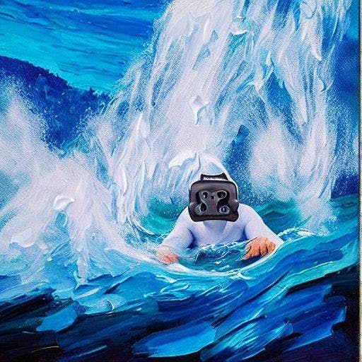 No mar com um fone de ouvido VR