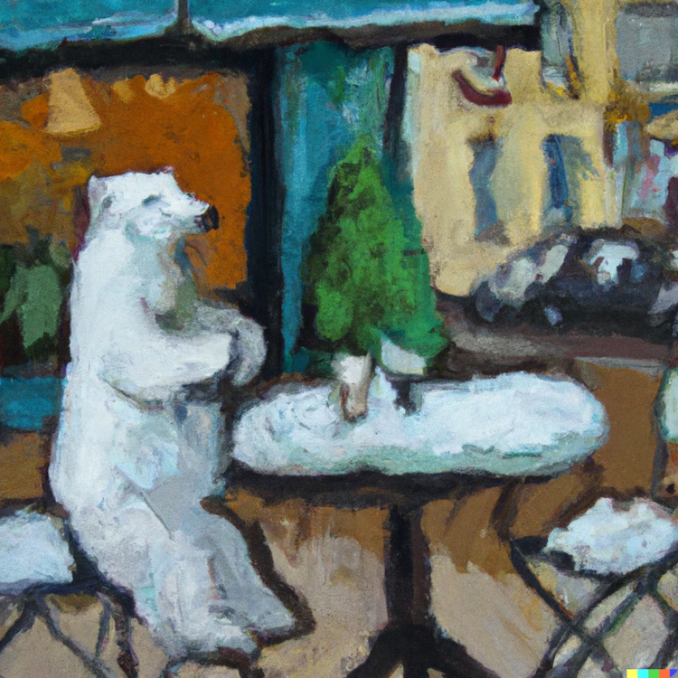 A polar bear drinking coffee