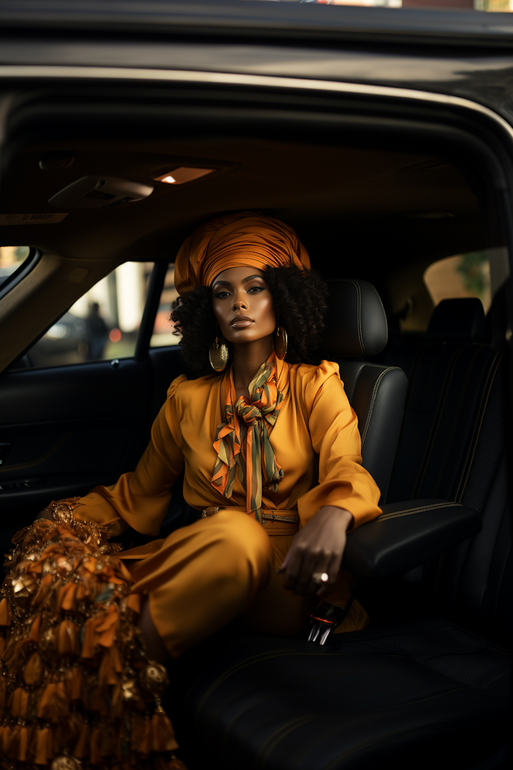 African fashion model in a Rolls-Royce