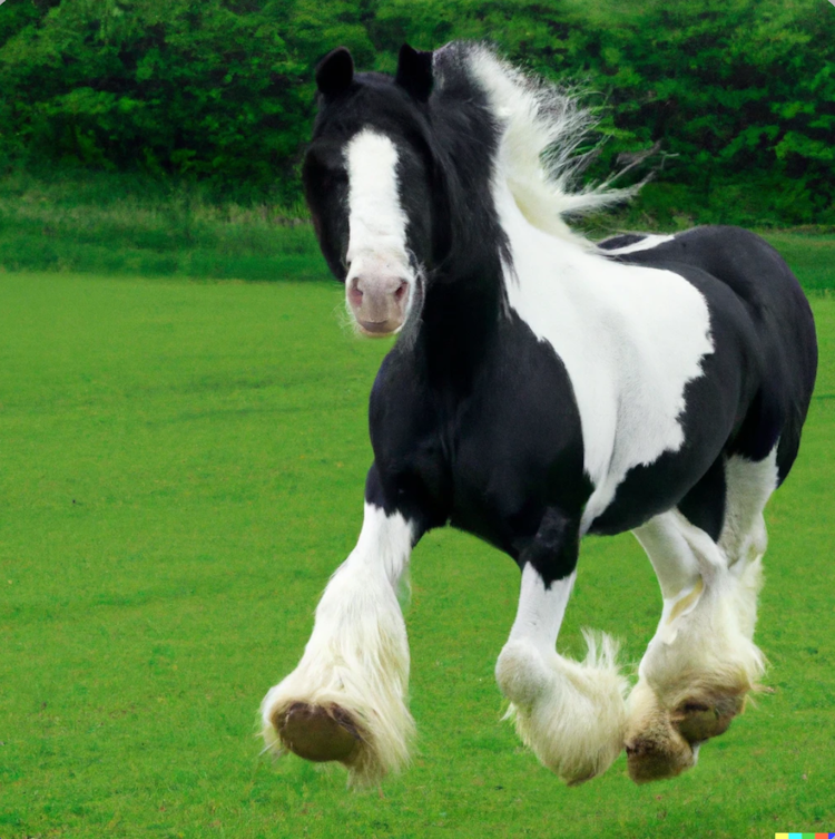 A black and white clydesdale horse running