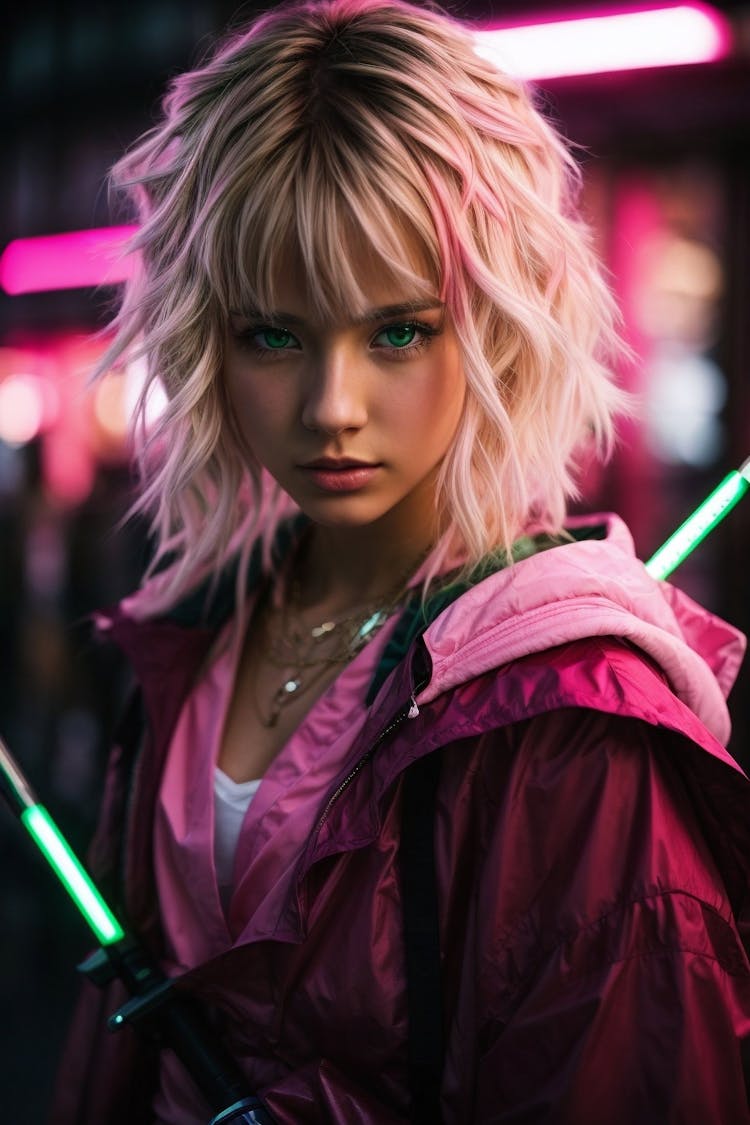 An anime girl in neon fashion style