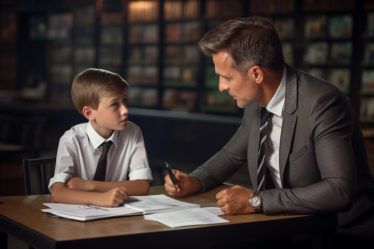 Stock photograph of a businessman mentoring a boy