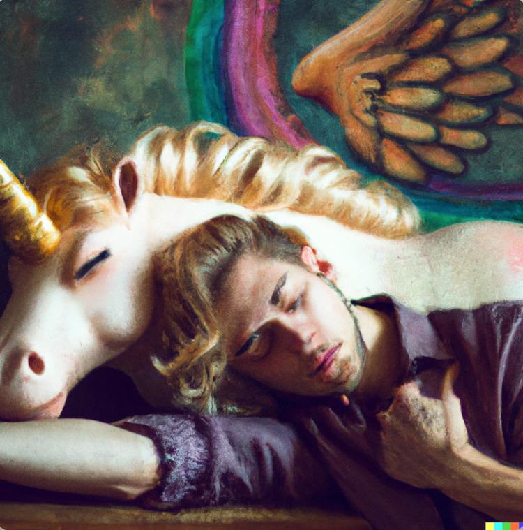 A man sleeping near an unicorn