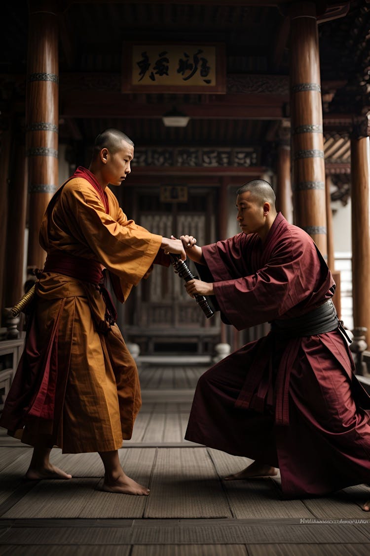 Monge budista e samurai lutando