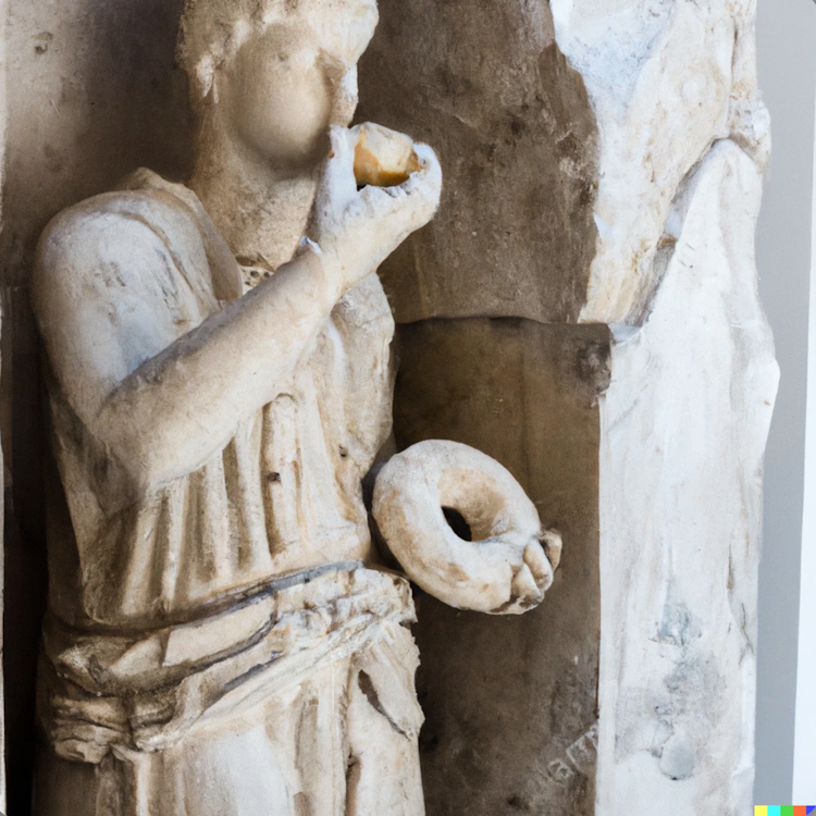 Statue of a young man eating a donut
