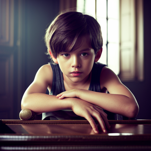 A boy in front of an old piano