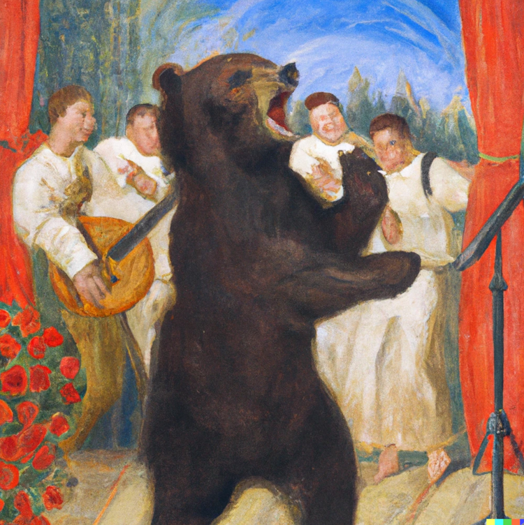 A renaissance oil painting of a bear singing 